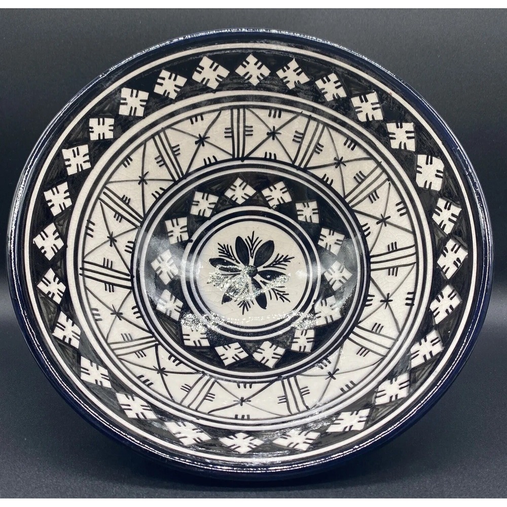 Art Pottery Bowl Signed Dmani Safi Handmade Moroccan Ceramic – 10" x 5" B&W